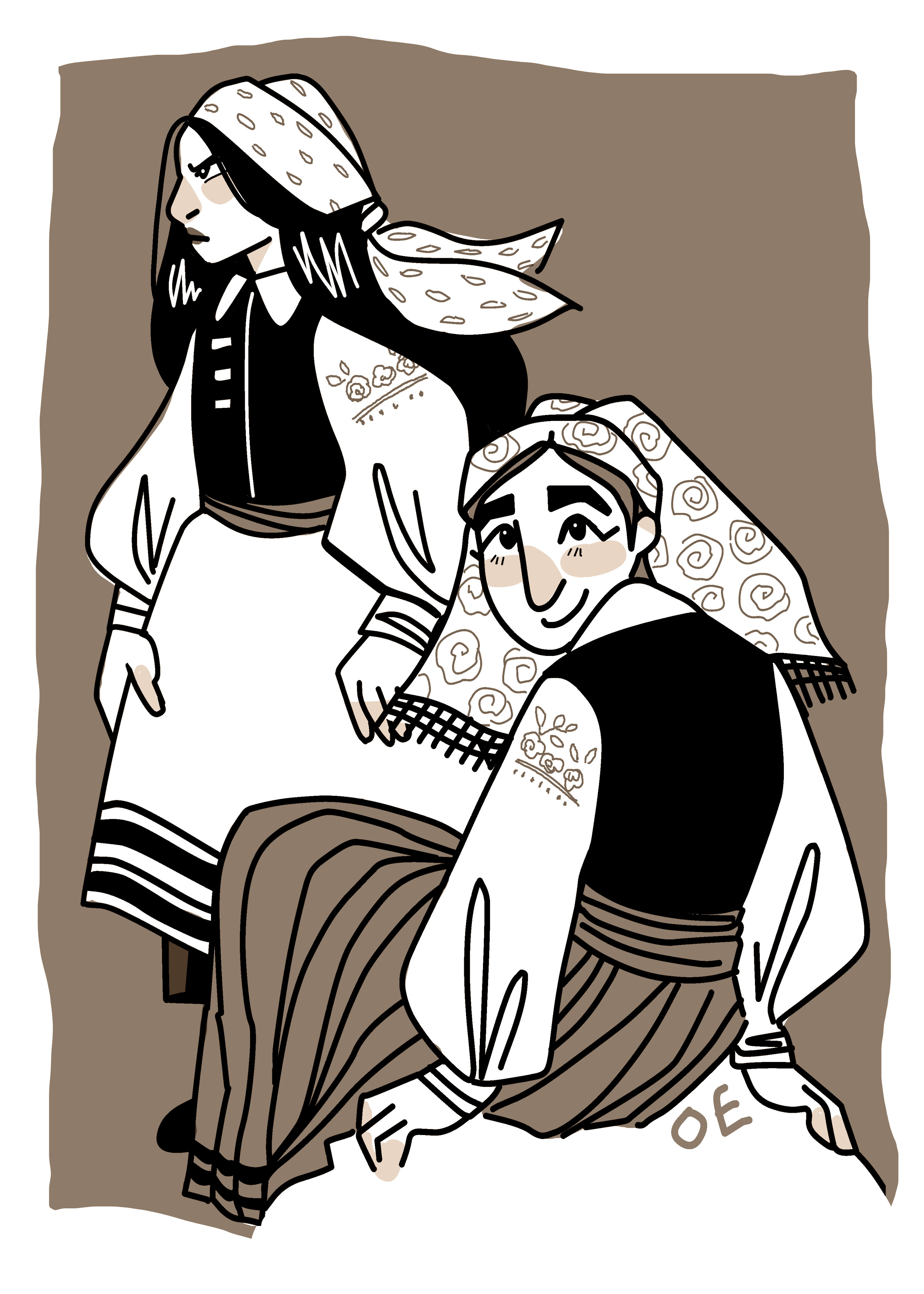 Sepia-toned MS paint illustration of two women in Polish folk costumes, bearing a close resemblance to the protagonist and Eris, respectively